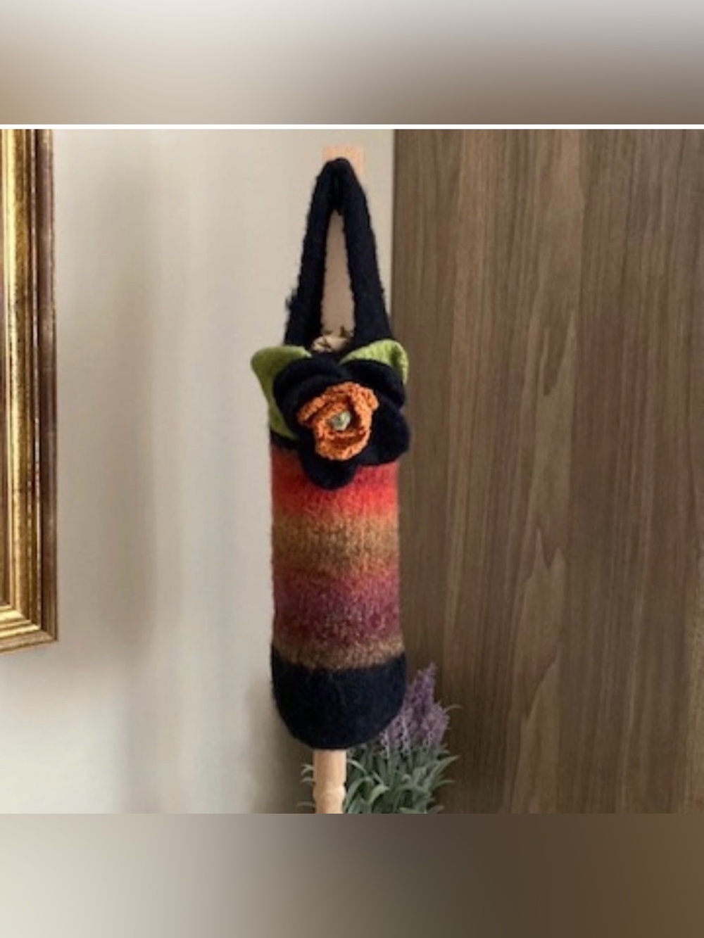 Handmade Black Hand Knitted Felted Wool Embellished Wine or Bottle Bag